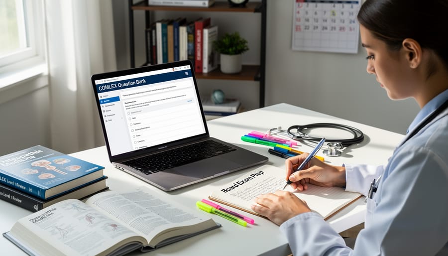 Medical student actively studying with laptop and textbooks at desk