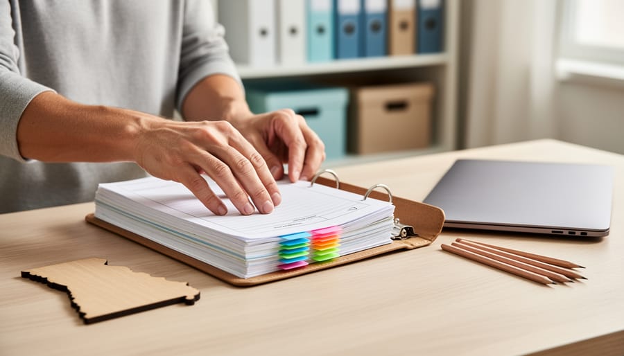 Parent hands organizing a homeschool records binder with colorful divider tabs on a wooden desk beside a small wooden Missouri state silhouette, closed laptop, and pencils; soft natural light with blurred shelves in the background; no readable text.