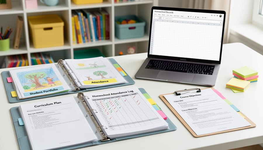 Overhead view of organized homeschool records including attendance calendar and student work samples on desk