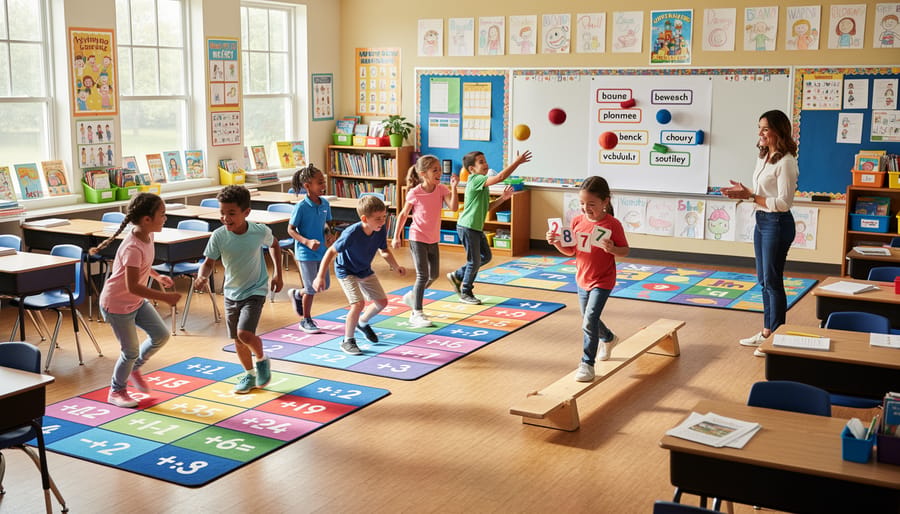 Fourth grade students moving between learning stations in classroom