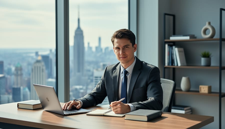 Young professional studying at a desk with a calculator and notebook in a modern office, New York City skyline softly blurred through a large window, natural daylight creating a focused and optimistic mood.