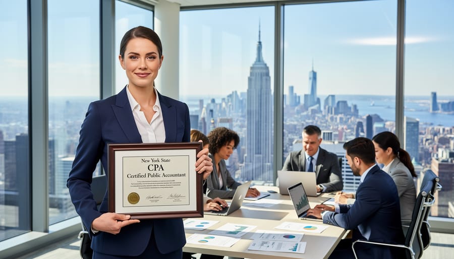 Professional business team celebrating career achievement in modern office