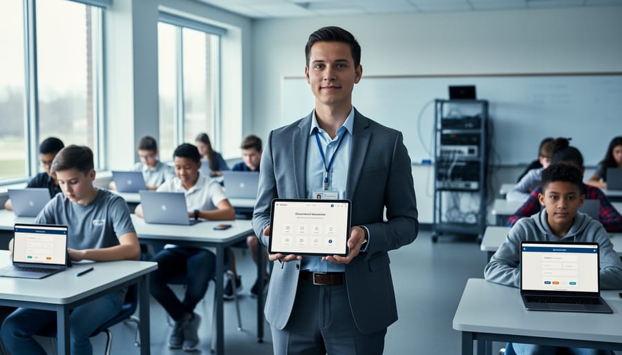 School IT administrator holds a tablet at the front of a bright classroom while students work on laptops and tablets; natural daylight, shallow depth of field, desks and a charging cart in the background.
