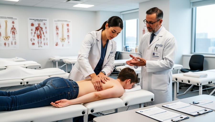 Osteopathic physician demonstrating manipulative medicine technique on patient