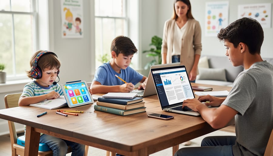 Students of different ages using tablets and laptops for online learning
