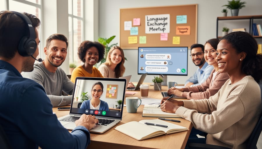 Language tutor conducting engaging video lesson from home office
