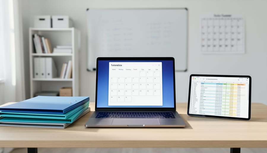 Tidy tutoring workspace with a laptop showing a non-readable calendar grid, a tablet with spreadsheet cells, and color-coded folders on a wooden desk, lit by soft daylight with a blurred bookshelf and whiteboard behind.