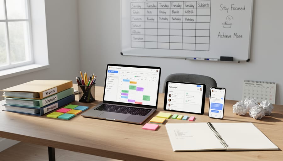 Overhead view of organized tutor workspace with laptop, calendar, and teaching materials