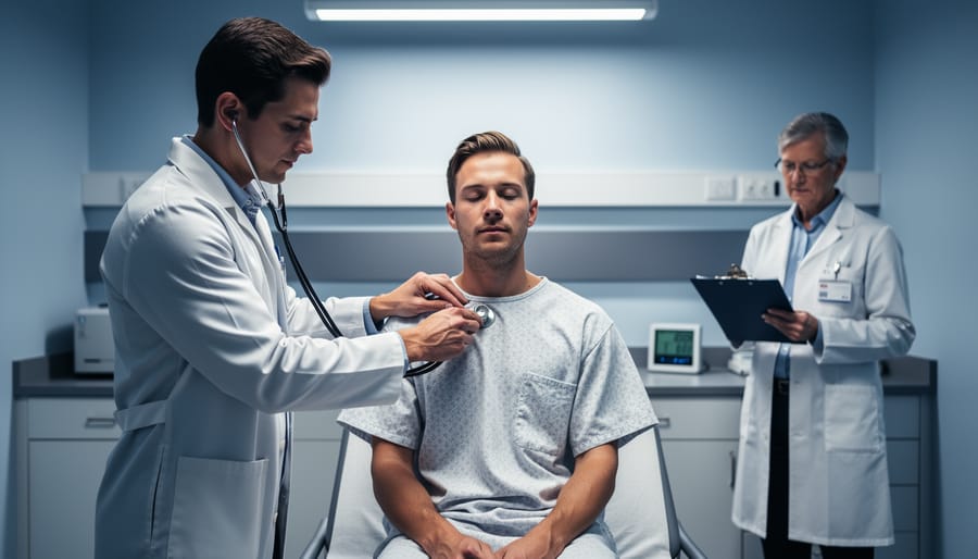 Medical student using a stethoscope to listen to a standardized patient’s chest in a clinical skills lab, with an examiner watching in the blurred background.
