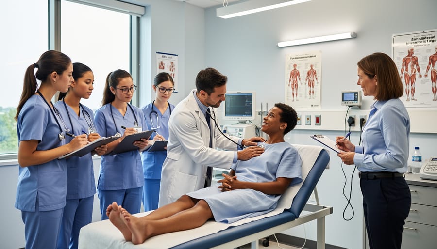 Medical student examining simulated patient during OSCE practice session