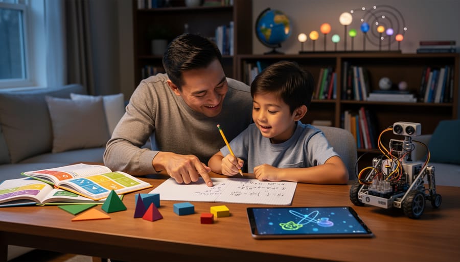 Parent helping child with mathematics homework at home kitchen table