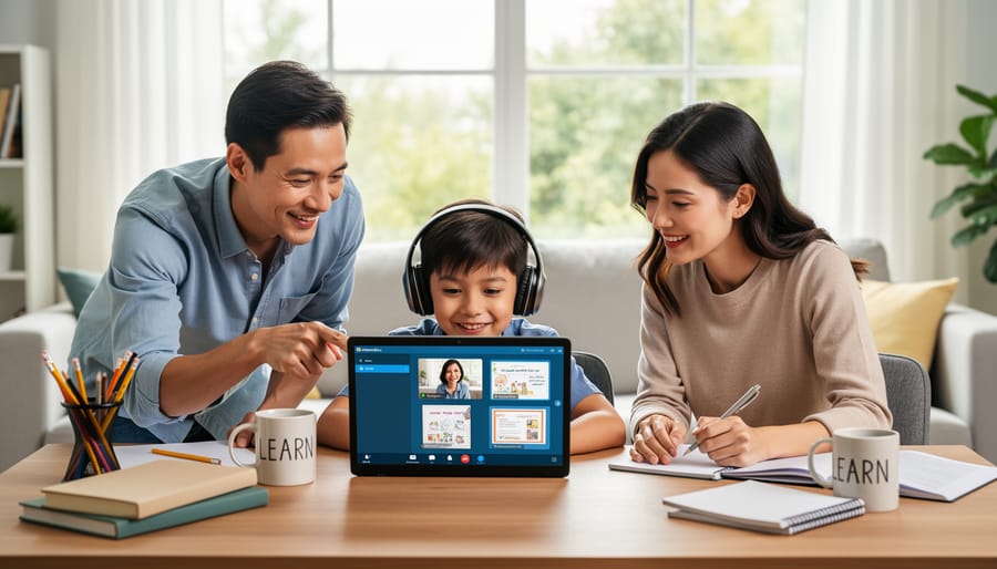 Parent helping child with virtual learning on laptop at kitchen table