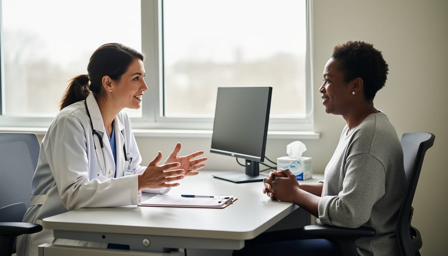 Healthcare provider having empathetic conversation with patient in clinical setting