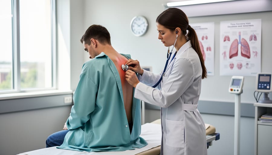 Healthcare provider's hands performing respiratory examination with stethoscope on patient