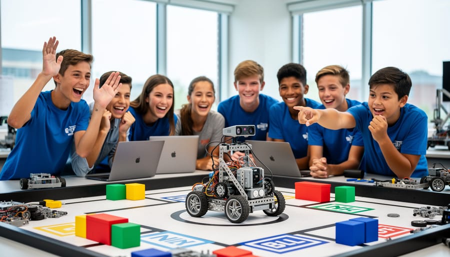 Students celebrating successful completion of robotics challenge with their LEGO robot