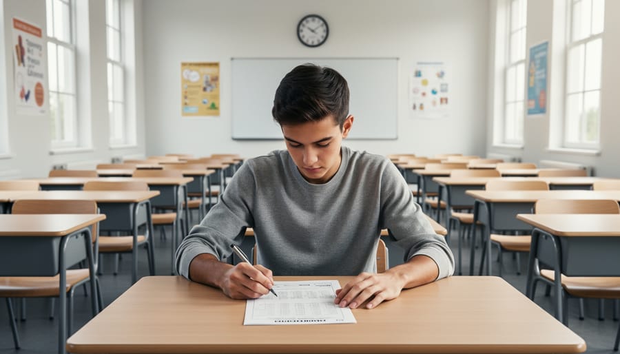High school student taking SAT practice test at desk with pencil and answer sheet