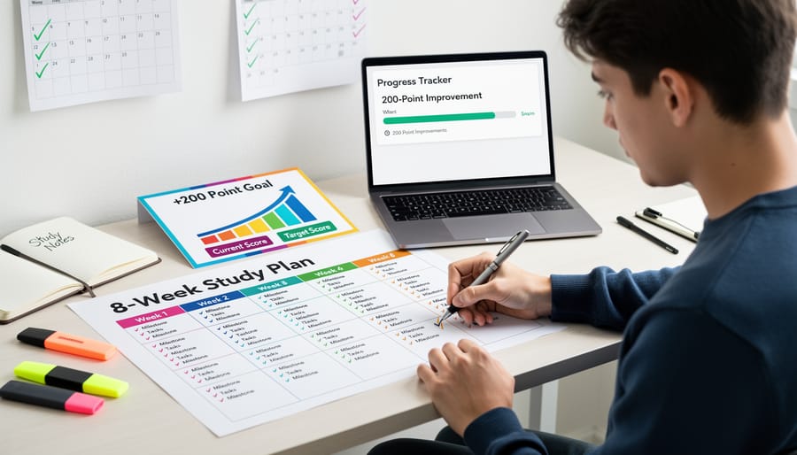 Eight-week study calendar with progress markers and milestone tracking for SAT preparation