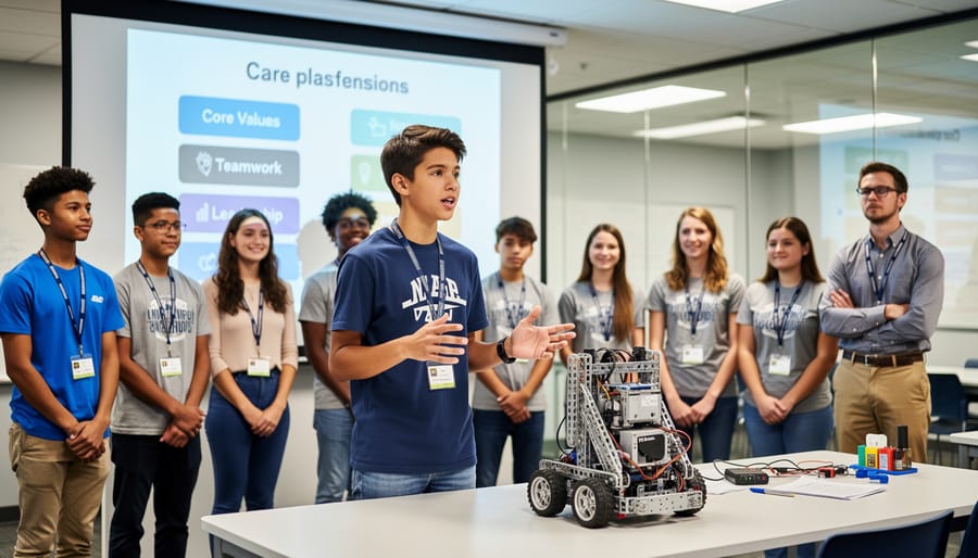 Student presenting her LEGO robotics project demonstrating leadership and communication skills