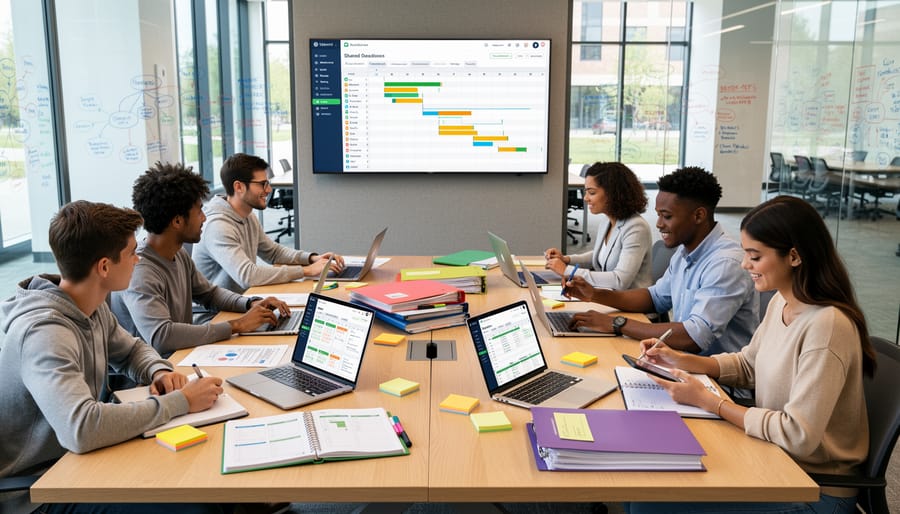 Organized student workspace with laptop, planner, and color-coded notes for project management