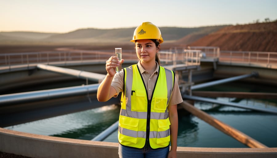 University student wearing a hard hat and high-visibility vest holding a clear vial of water beside a mine water treatment clarifier, with industrial tanks and pipes softly blurred in golden hour light.