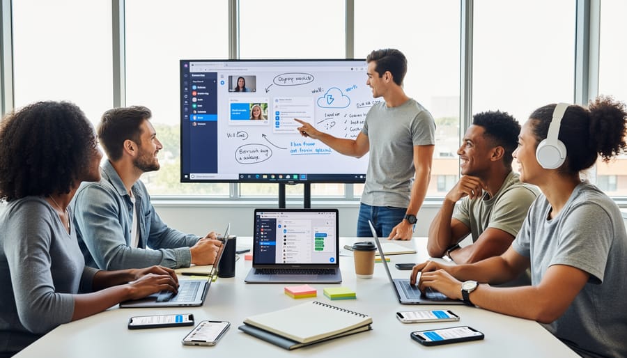 Diverse group of college students collaborating together around a laptop computer