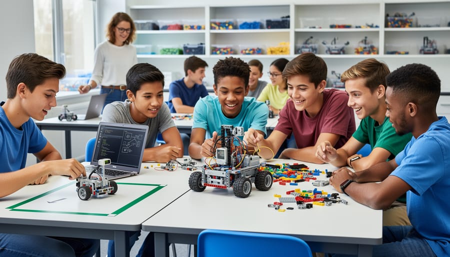 Diverse group of elementary students working together on LEGO robotics project in classroom