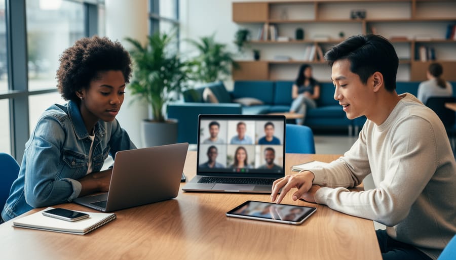 "Diverse college students in a campus study lounge collaborate online with remote classmates on laptop and tablet screens, multiple devices on the table, soft natural daylight, no visible text or logos"