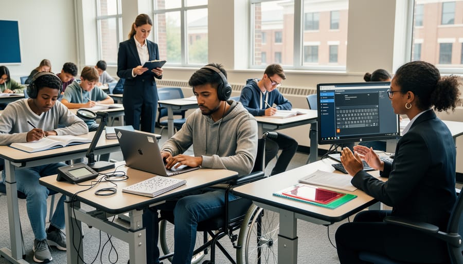 High school students taking an exam in a classroom with focused expressions