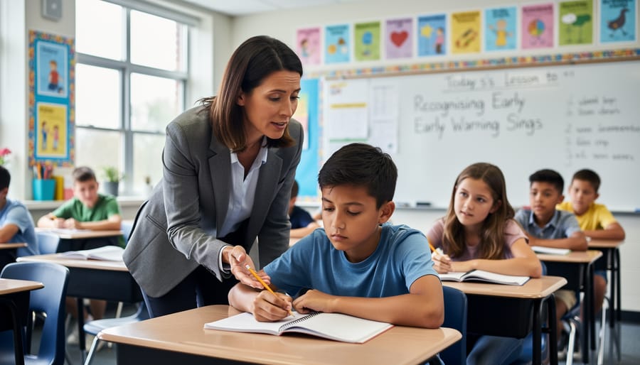 Teacher kneeling to speak calmly with student showing signs of escalating behavior in classroom