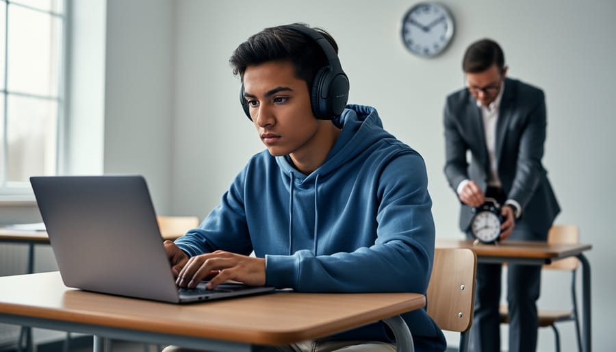 Focused student wearing noise-canceling headphones works on a laptop during an exam in a separate, quiet room, with a proctor in the blurred background adjusting a small timer near an unlabeled wall clock under soft natural light.