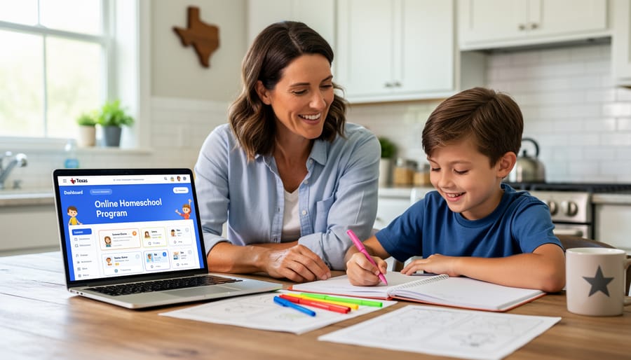 Parent and child working together on laptop during homeschool lesson