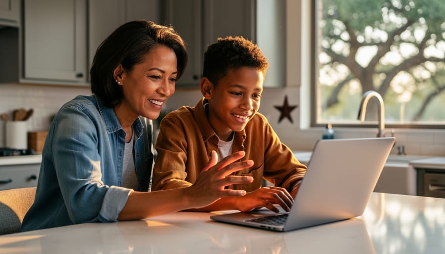 Parent guiding a middle-school child at a laptop during a homeschool session at a kitchen table, warm golden-hour light, with a cozy Texas home interior and live oak trees visible through the window.