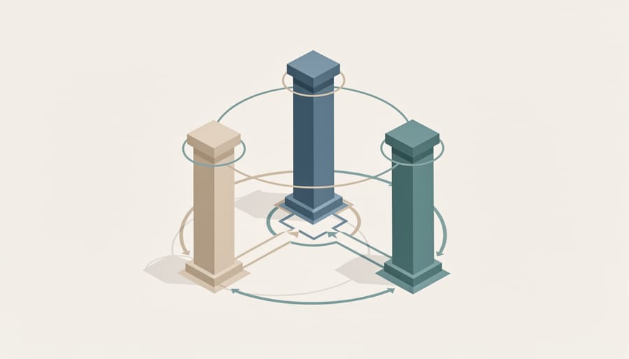 Three metal gears interlocking on white surface representing interconnected strategies