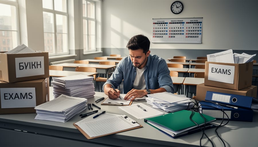 Teacher surrounded by stacks of paper tests requiring manual grading