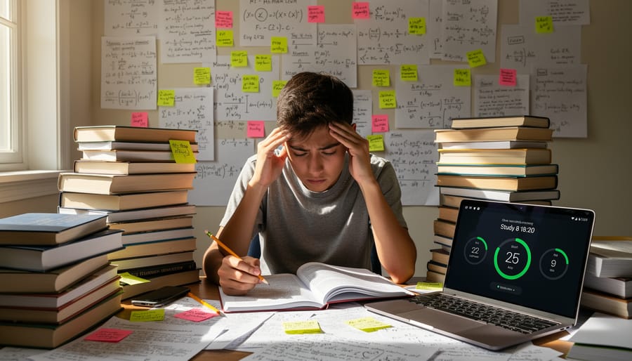 Student surrounded by scattered flashcards and study materials looking frustrated