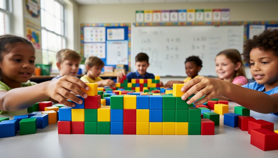 Child's hands arranging colorful unit cubes to build three-dimensional rectangular shape