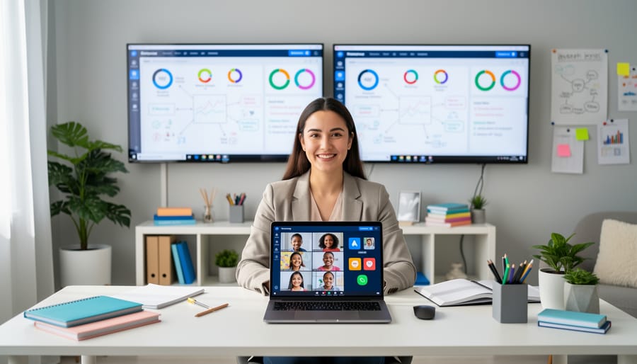 Teacher working on laptop in home office setting with natural lighting