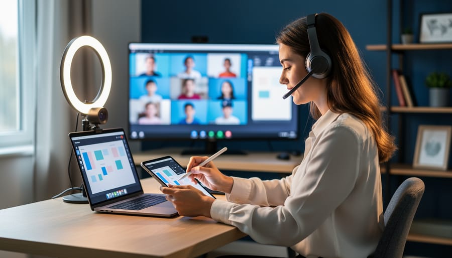 Teacher wearing a headset using a laptop and writing on a tablet at a home teaching desk with webcam and ring light, with softly blurred multi-monitor student video grid and digital whiteboard in the background under natural daylight.