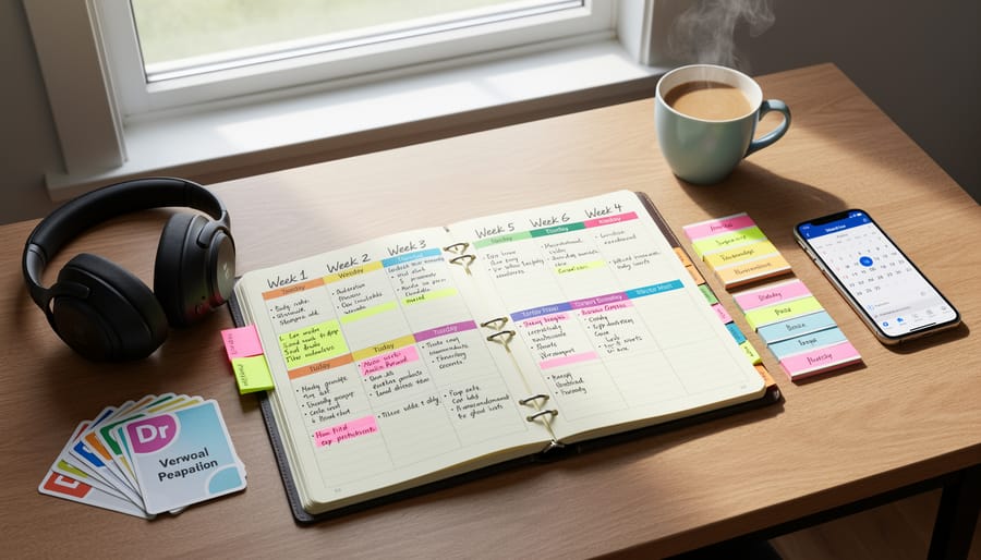 Clean weekly planner and pen on desk for organizing GRE study schedule