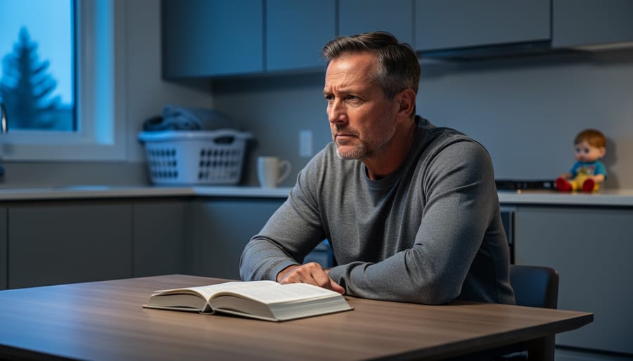 Middle-aged man with tense posture and a set jaw sitting in a dim kitchen at dusk, with softly blurred household items and muted blue-gray lighting behind him.