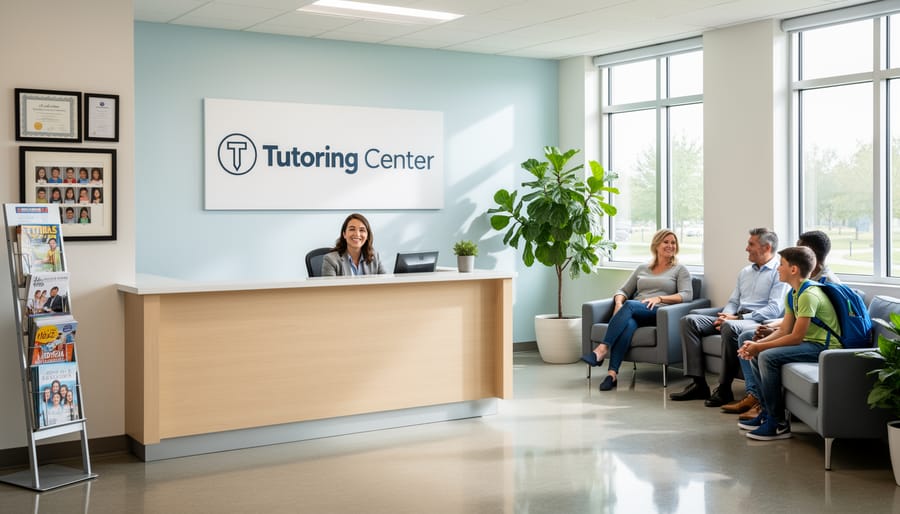 Reception and waiting area in a modern office building with glass windows and comfortable seating