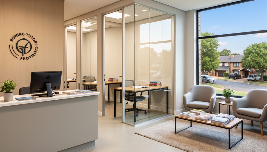 Bright modern tutoring center office suite in Bryanston with desks for students and a parent waiting area near large windows
