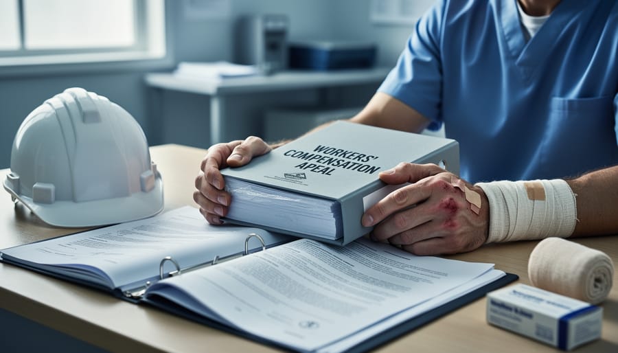 Injured worker’s hands reviewing an appeal binder and documents on a desk, with a helmet and medical bandage nearby in a softly lit office/clinic setting.