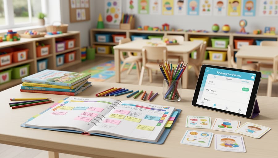 Open kindergarten teacher planner surrounded by colorful educational materials on wooden desk