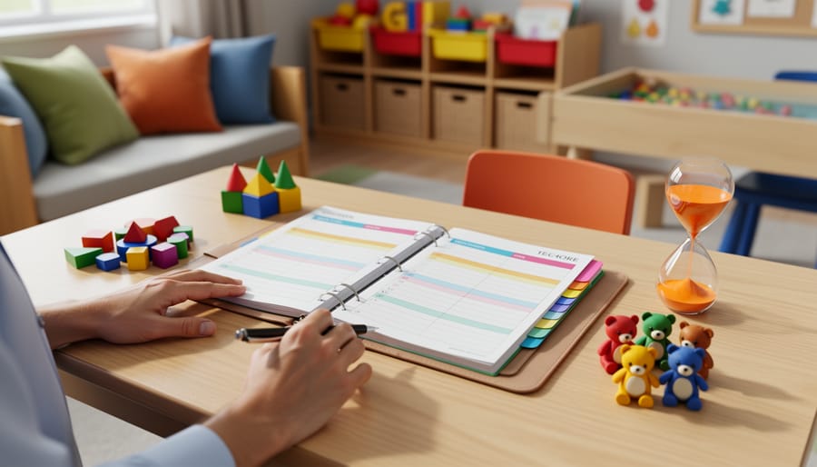 Open color-coded kindergarten teacher planner on tidy desk with teacher’s hands, pen, pattern blocks, counting bears, and a sand timer; blurred reading nook, cubbies, and sensory table in the background; warm natural light.