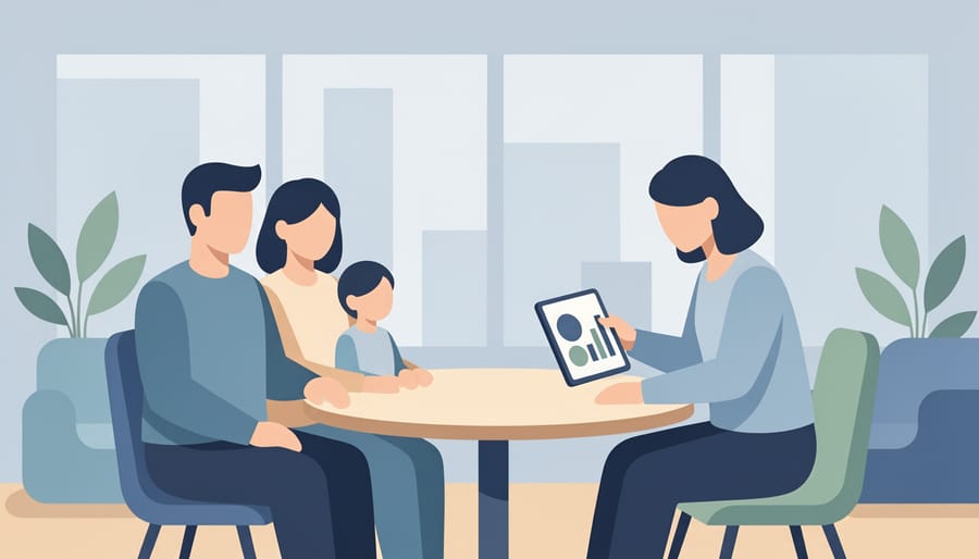 Parent and student reviewing homework together at a desk in a tutoring center office lounge