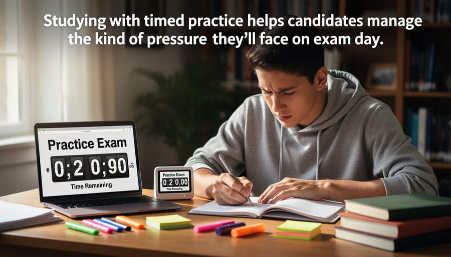 Person reviewing practice exam papers with a timer-like device on a table