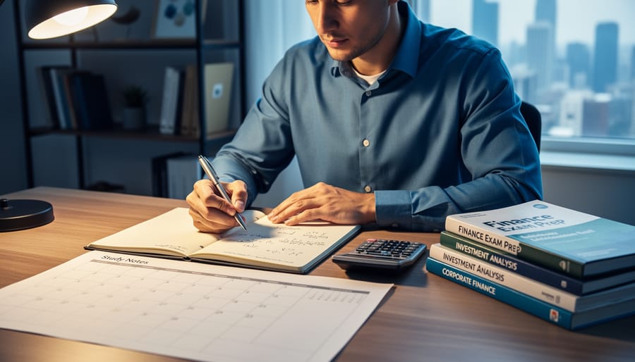 “Person studying finance exam prep materials at a desk with an open notebook and blank calendar page under warm lighting”