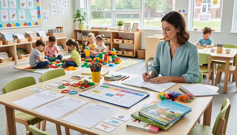Teacher's hands writing in weekly planner with colorful sticky notes