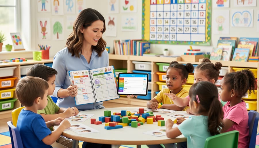 Kindergarten teacher reviewing planner at table while students engage in learning activities